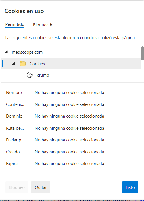 Ejemplo Edge – figura 3 de 5: seleccionar una cookie, leer su información y decidir de ella (cliquear para continuar)