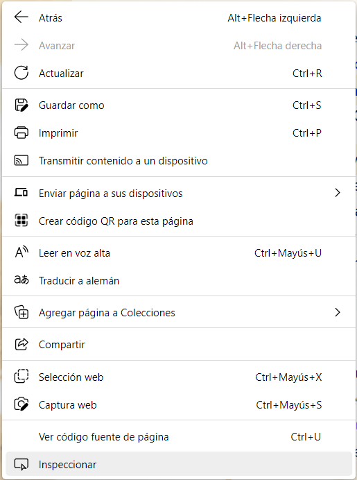 Ejemplo Edge – figura 4 de 5: cliquear con el botón derecho donde sea y elejir «Inspeccionar» (cliquear para continuar)