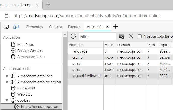 Exemple Edge – image 5 de 5: choisir «Application» et ensuite le dossier «https://medscoops.com» pour effacer, ajouter et éditer des cookies (cliquer pour réinitier)